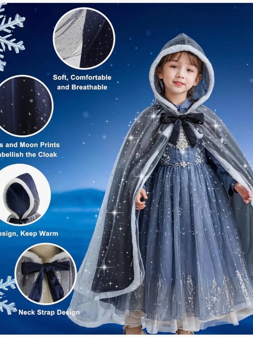 Winter Princess Navy Starry Hooded Cape for Kids - Faux Fur Trim 8/10